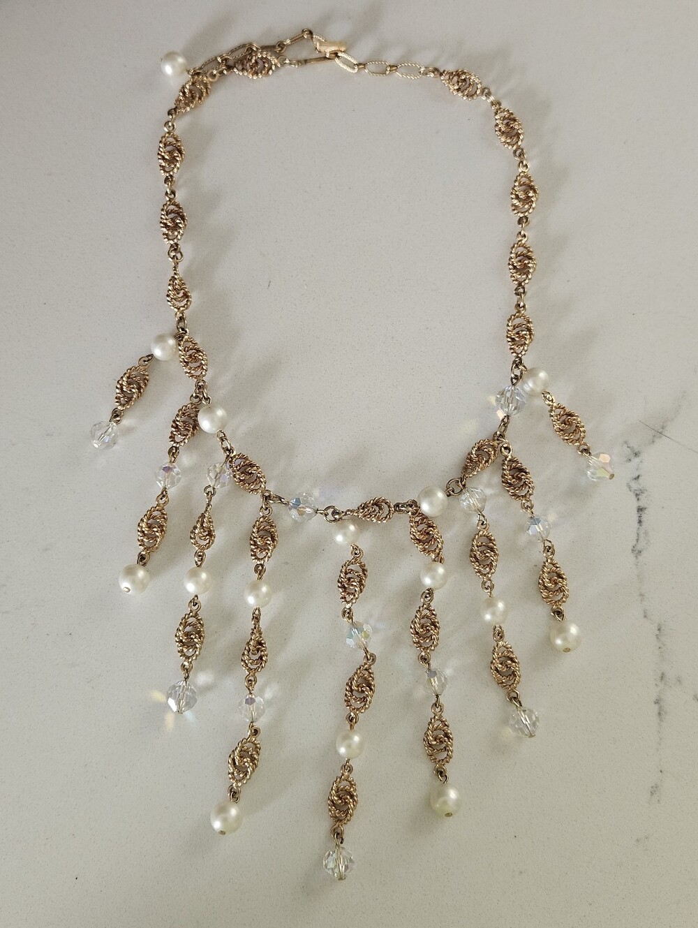 Vintage Vendome Gold AB Aurora Borealis Swarovski Crystal Pearl Festoon Necklace